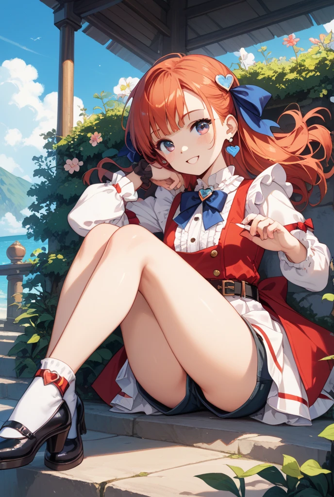 High resolution 4K vertical screen 16:9 Beauty Double ponytail Red hair Gold wire round glasses Small nose Goldfish mouth White low-cut bandeau Exposed collarbone Exposed cleavage Big breasts Exposed lower breast hemisphere Exposed waist Tight panties Legs open Facing me Wearing white cotton socks No shoes Hooked feet Sticking out tongue Very long Look up at the eyes --auto --s2