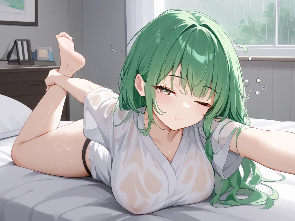 ((masterpiece,Highest quality:1.3)),nsfw,Female masturbation、1woman,30 year old beauty,独奏,((very small head:1.3)),green hair,(low ponytail),long hair,blunt bangs,green eyes,gorgeous eyes,shy,drooling,medium breasts,((very long body:1.2)),((toned body,slender body,skinny)),gleaming skin,shiny skin,(White tight T-shirt、navel、Grey wet shorts)、barefoot、sitting,spread legs:1.3,egg type vibrator,Simple bedroom、cyber punk、World of Blade Runner、