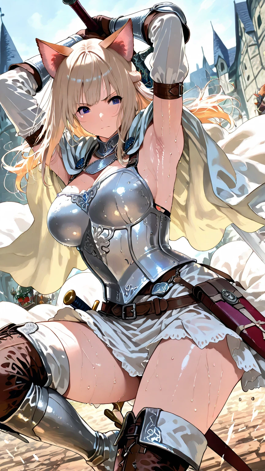 Ultra-high definition image quality、beautiful girl、Female Swordsman、Light Armor、Greeboots、Long Hair、blonde、20-year-old、have confidence々face、Very short tight skirt、Sexy stance、Cowgirl、wilderness、Highest quality,Big Ass、Big Breasts、Thighs、Grasping the hilt of the holy sword Excalibur、Pure white, luxuriously decorated panties、Jump with big strides and kicking off with your feet、Joan of Arc style clothing、Wind King Barrier、Her hair is fluttering in the wind、The Sword of Promised Victory、god々Wearing a new aura、Big Ass、Valkyrie the War Maiden、Crotch close-up、Angle from directly below