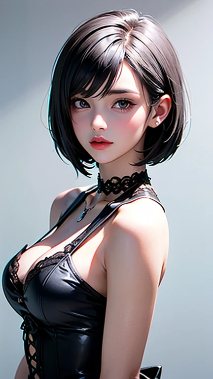 a mature tomboy woman with short black hair, purple eyes, wearing a black bra, black chokers, and black panties, beautiful detailed eyes, beautiful detailed lips, extremely detailed eyes and face, long eyelashes, full body, sexy, smart, big breasts, (best quality,4k,8k,highres,masterpiece:1.2),ultra-detailed,(realistic,photorealistic,photo-realistic:1.37),HDR,UHD,studio lighting,ultra-fine painting,sharp focus,physically-based rendering,extreme detail description,professional,vivid colors,bokeh,portrait