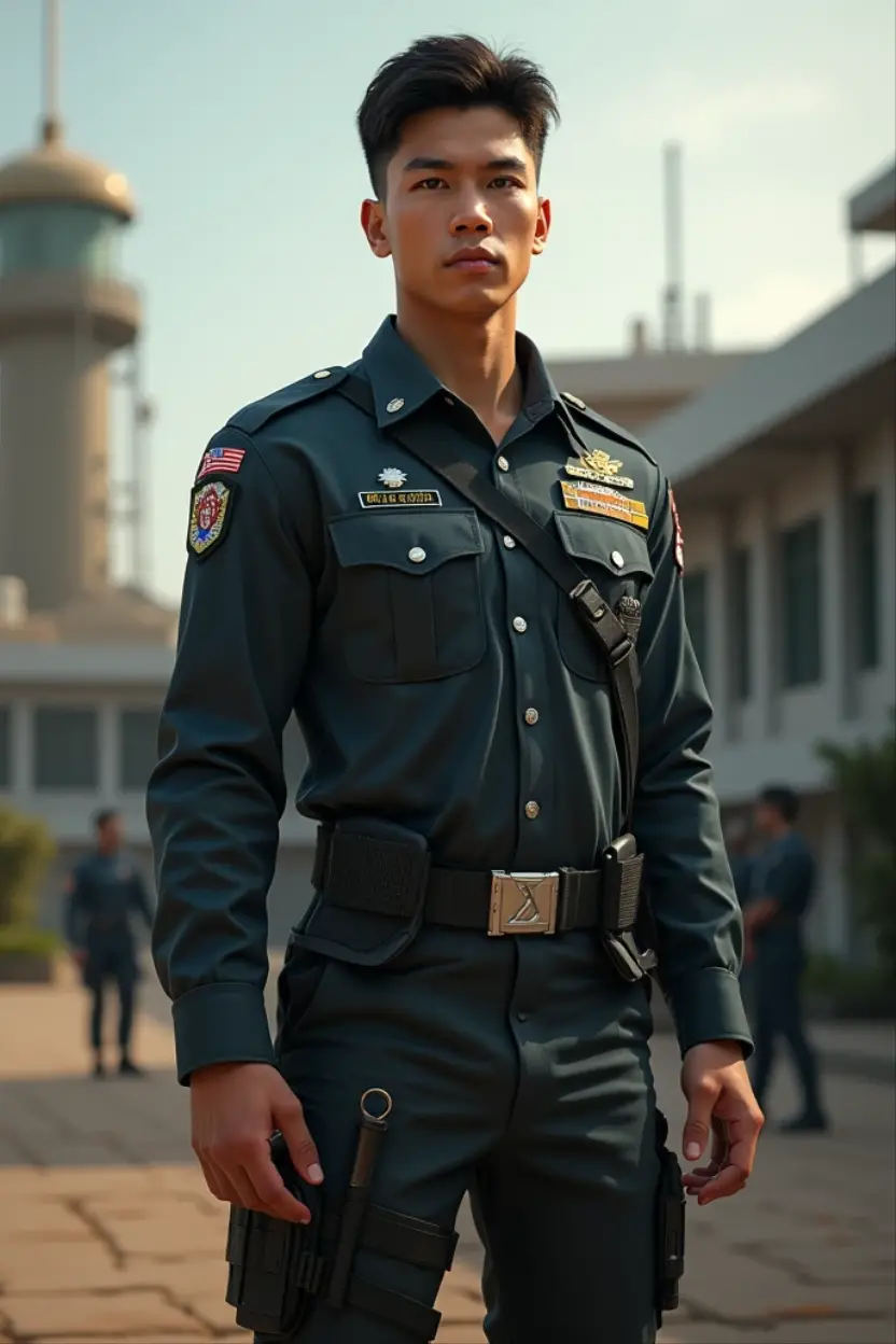 a man in uniform is run, sky, solo, masterpiece, best quality, <lora:Thai_police_uniform:1>, 1man , The background is blurred out to emphasize the focus on the man.