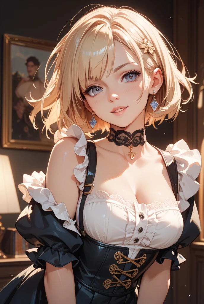 {(masterpiece,best quality, 16K portrait, UHD, extremely detailed the work, detailed beautiful face and eyes and skin and hair)} 
BREAK {(ultra realistic photo graphic style:1.2)} 
BREAK {solo,(2B of Nier-Automa:1.4), (lightbrown-lightwhite colored hair:1.4, short cut hair), (medium mouth),(narrow and sharp eyes),(attractive blue-glay eyes:1.4),(left-eye hidden by bangs:1.2),(slender body,small breasts):1.2,captivating lips} 
BREAK {(Nier-Automata-2B costume:1.2),(cleavage between breasts:1.2),(hairband:1)} 
BREAK {face focus}