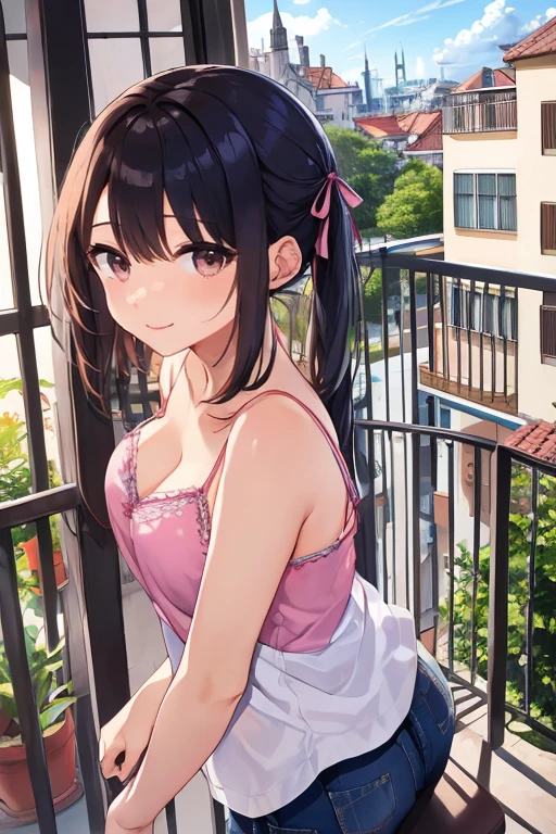 muste piece、highest quality、High resolution、nffsw、perfect pixel、1 girl、cute、perfect body、anatomically correct、beautiful eyelashes, realistic eyes、smile、((Clear pink heart pattern bra))、((Clear pink heart pattern panties))、wearing only underwear、Smooth texture:0.75、blue sky outdoors、I can see your panties、I can see your bra、bright overall、cinematic light、black hair、brown eyes、angle from behind、Turn your buttocks towards you、ponytail