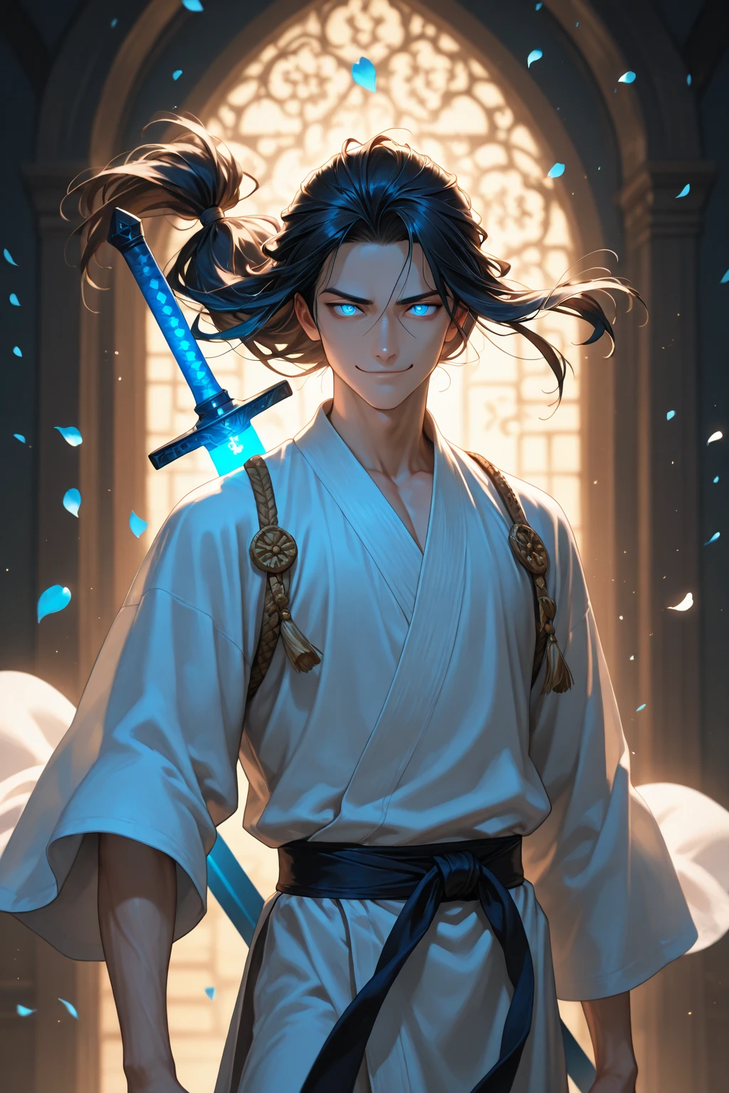 best quality (katana: 1.4), serious,(at night: 1.4), a single 18-year-old has long black hair that is loose to the winds, straight and shiny, which falls gently to the back. Her hair is thick and has a healthy appearance, contrasting with her fair skin. The young man's eyes are deep and blue, intense as two clear pearls. They reflect determination and an inquisitive curiosity. With his upright posture, the child shows a confident bearing and an aura of courage and determination. She wears a white blue kimono with printed grey clouds, with a large yellow ribbon at her waist, sleeveless, made of a quality fabric. giving him the look of a swordsman. At his waist, the child carries a white, cyan katana, which glows with a vibrant energy. The long, sharp blade is made of polished steel, reflecting light. The katana grip is wrapped in black leather, offering a firm and secure grip. The scabbard of the sword adorned with demonic symbols. Kimetsu no Yaiba style, alone, 1boy, muscular man, demon slayer style, loose hair, calm look, smiling, tall, confident, only 1