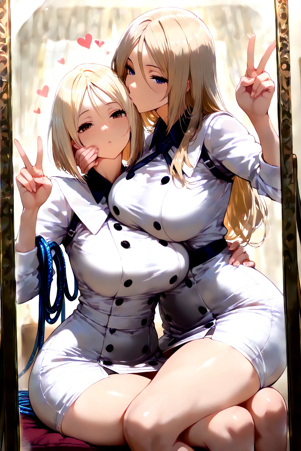 highest quality,wonderful,finely,extremely detailed CG Unity 8K wallpaper, (Stand in line:1.2), (3 girls, blonde, clothed), (huge breasts:1.2), (wariza:1.4), (cleavage), (midriff peek:1.2), (open mouth:1.1), (long tongue:1.1), (mouth drool:1.1), (black stockings:1.1),(Thighs:1.2),(Waistline:1.1),(Waistline),(black blindfold, blindfold:1.5), (From above:1.4)
