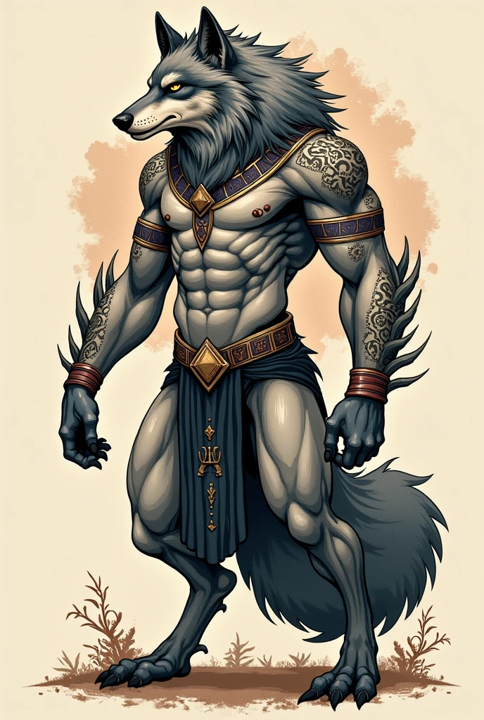 Make an angry anubis,full body with a scythe, line drawing style with shading