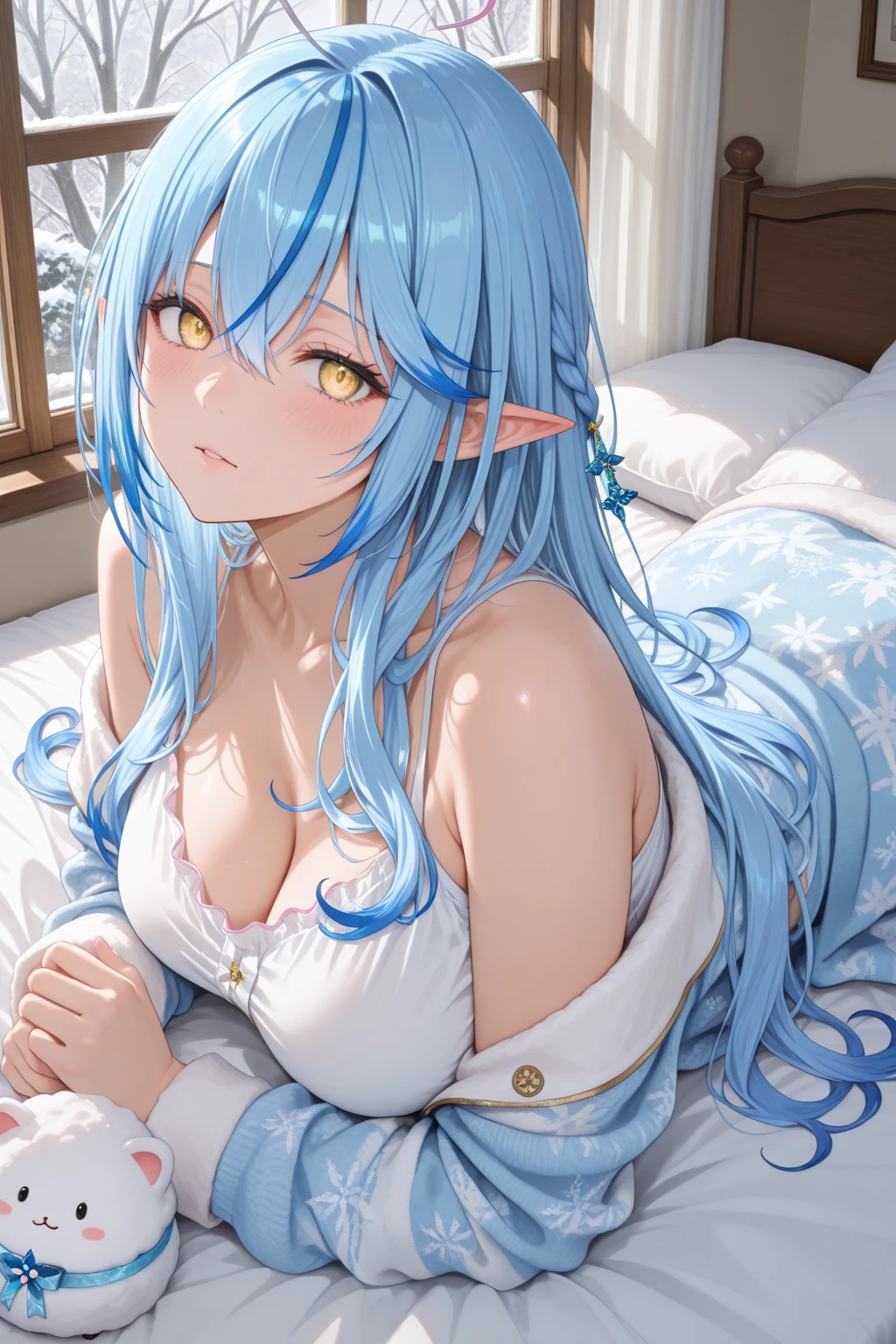 top-quality、Top image quality、masterpiece、girl with((18year old、Best Bust、big bast、Bust 90,beautiful blue long ironed hair、a blond、A slender、naked body with big cleavage、undergarment、a closeup、Open your arms、Gold ring on wrist、beautiful tiara、hiquality、Beautiful Art、Lie on your back on the bed、、orgasmic、My crotch was so wet、masutepiece、visualart、depth of fields、、 dynamic movements、low angles、A sexy、Elven ears、light magic、Dynamism、NSFW、、The best smile、fullnude、ecstacy、Collapsed on the bed、feels good、.Spread your legs apart and bend them、Lying in bed