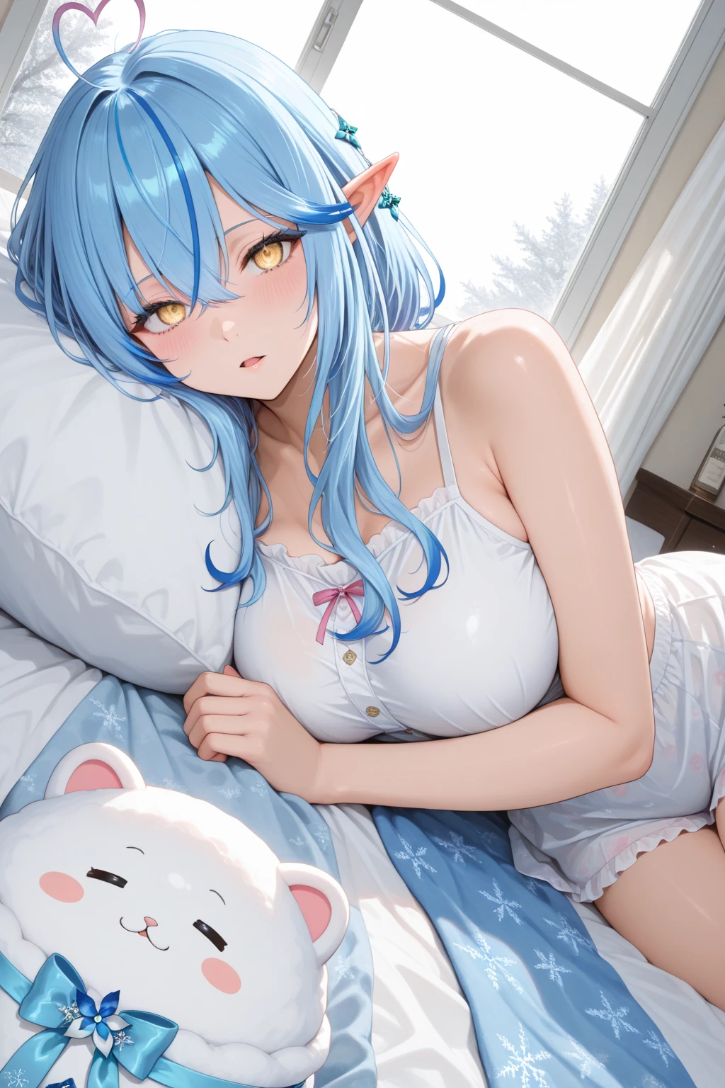 Highest quality, Very detailed, ,((blush)),((((Backwards)))),Light blue short bob、Flat Chest，Small breasts，On a canopied bed、Sleep on your back、dizzy、White liquid on thighs、White liquid on the face、Touching her lower body greedily，White liquid in the abdomen，Shaking knees、Getting drunk and being bold，Bring one hand close to your mouth，Spread your knees，A used condom lies in front，Baggy button-up shirt，Fisheye Lens，The bra is too loose and doesn&#39;t fit，Enlightenment、