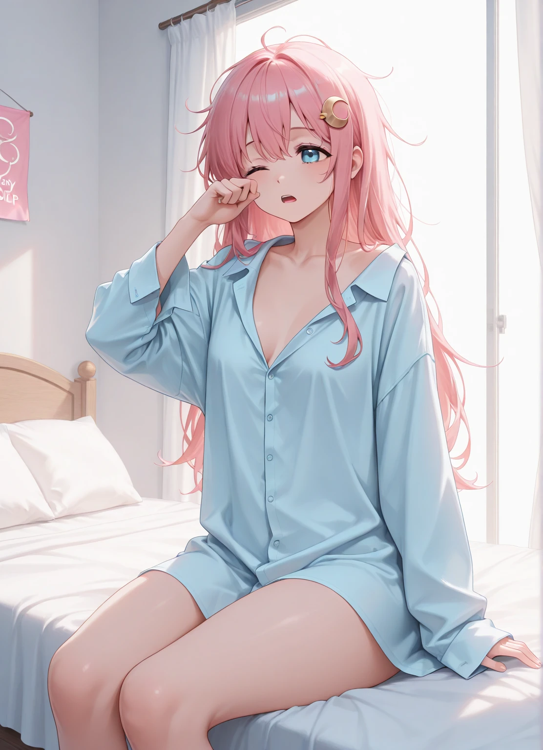 Sleeping girl,22 岁,PhotoRealistic,She wears a short skirt,Wear sexy pajamas,Pink Hair。