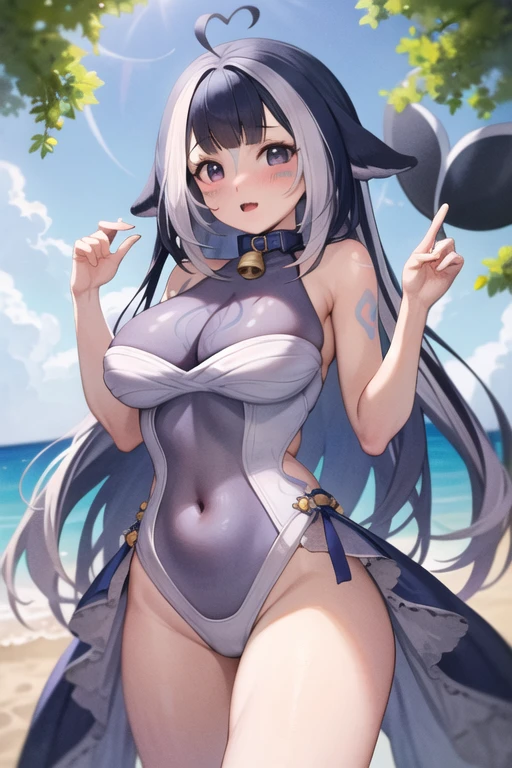 Score_9, Score_8_up, Score_7_up, 1 girl, mature woman, shiny skin, very long hair, bare shoulders, blue sky, breasts, day, huge breasts, big breasts, looking at viewer, open mouth, sky, smile, thighs, water, water gun,(micro bikini), navel cutout, beach, ocean, navel, standing,(((ass))),palm trees, narmaya (granblue fantasy), horns, draph, long hair, hair over one eye, pointy ears, front view