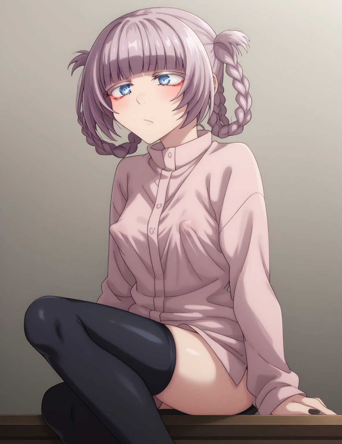 score_4, score_5, score_6, score_9, score_8_up, score_7_up,  source_anime, nazunaxl, nazunaxl, purple hair, braided hair rings, short hair, hair rings, blue eyes, ringed eyes, small breasts, naked body, legs, laying on the bed after sex, blush cheeks, on side of the viewer, laying on the side of the viewer, pov in the bed, looking at viewer, bedroom, bed, pov from side, fang,  fine anime screencap_xl, anime_screencap