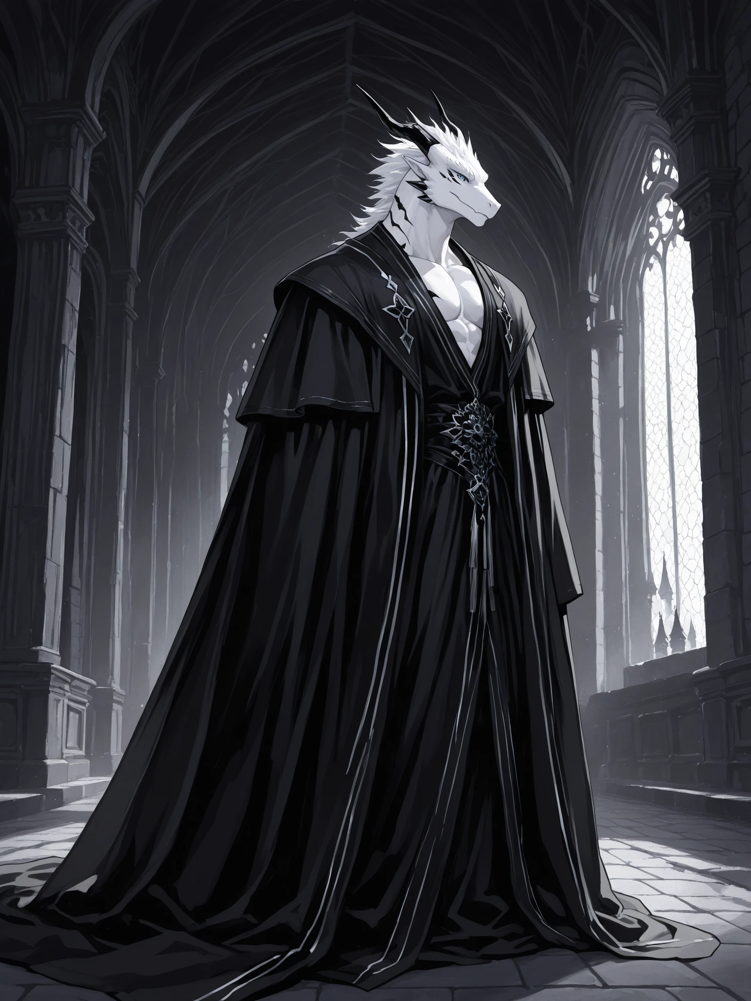 Mind flayer,Inspired by Dungeons & Dragons,Full body concept art illustration of Mind Flayer。The character has human-like proportions,tall、slim and muscular。The character has 4 tentacles extending from its chin,Light purple skin,Almost Blue。The character is dressed in exquisite、Luxurious black academic robes and ornate leather boots。Background is blank
