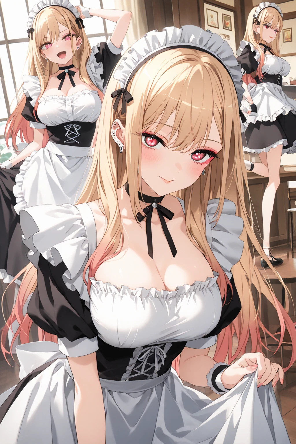 masterpiece, best quality, highres, kitagawa marin, 1girl, blonde hair, long hair, multicolored hair, red eyes, , bonnet, red rose, collar, gothic, frills, black dress, black necktie, cleavage, long sleeves, white apron, thighhighs, <lora:kitagawa_marin_v1-1:0.7>, grin, cowboy shot, indoors,