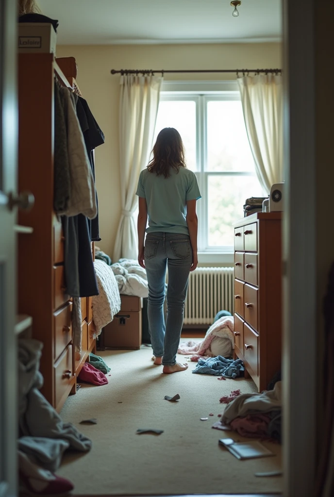 Girl in her room, looking at her laptop.
The girl is somewhat disheveled, wearing baggy clothes.
The point of view is from his back. You can't see the girl's face. Only the back of his chair and the back of his head are visible.
There is not much light, only that of the laptop.