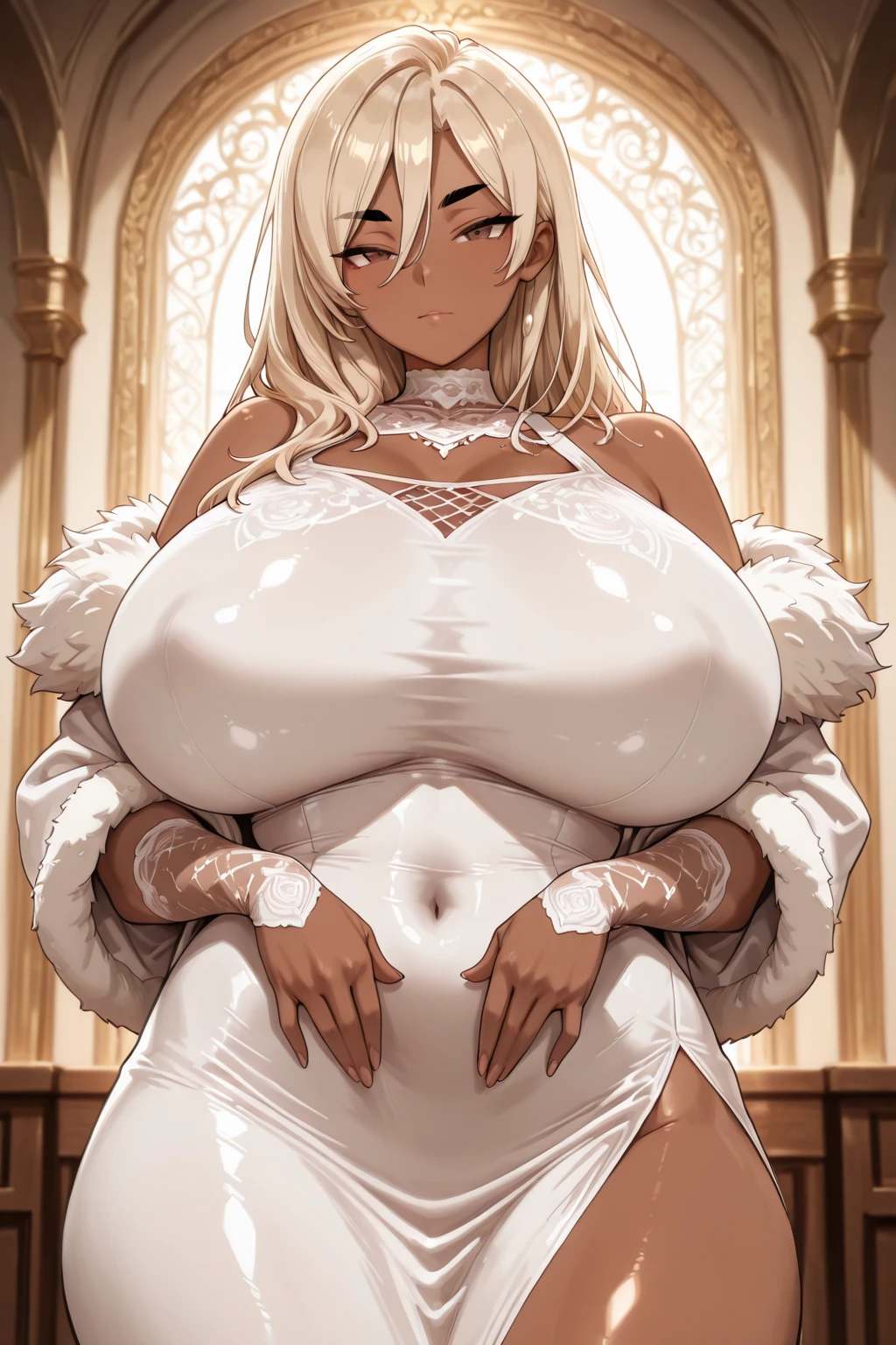 1girl, mature female, white hair, long hair, yellow eyes, dark skin, dark-skinned female, huge breasts, thick thighs, hourglass figure, fishnet, fishnet pantyhose, pantyhose, bunnysuit, white leotard, rabbit ears, shy, timid, wavy mouth, ((fishnet)), cleavage, white clothes
