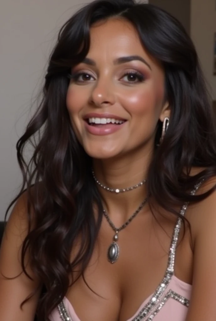 Jewish woman, black hair, black eyes, hair bust chest bearded shaggy, wears a pink low-cut dress