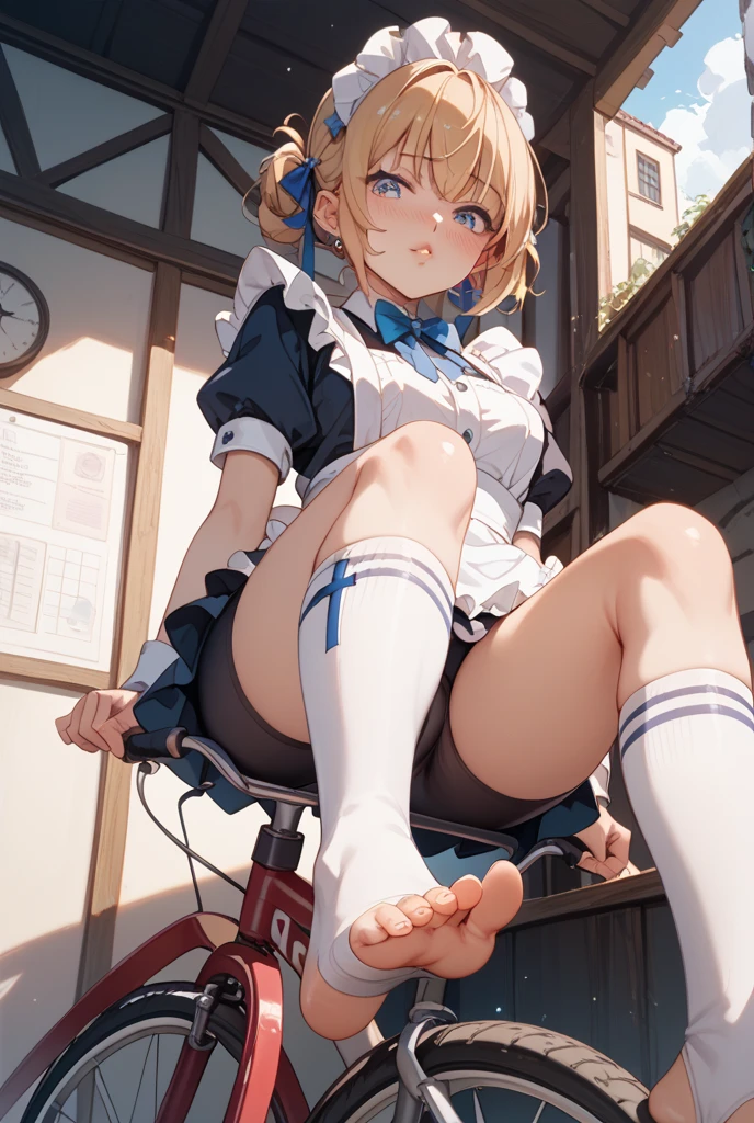 a cute girl, {arms up,chain, chained, chained arms} , stone floor and wall, prison,detailed wall, blush,embarrassed, sweatdrop, {{{Crying a lot, Sweaty, orgasm face, cute}}} ,perfect lighting, high detailed skin, gleaming skin, (large boob:1.2), {{bras}}, disheveled black bra, ((full back panties)) ,trousers, stomach, navel, kazama iroha, blonde hair, fingerless gloves, gloves, sarashi, thighhighs, japanese clothes, white thighhighs, skirt, haori, black gloves, hairband, bangs, sheathed, pleated skirt, ponytail, chest sarashi, breasts, sheath, blue eyes, hair between eyes, black hairband, hair ornament, leaf hair ornament, long sleeves, covered navel, miniskirt, wet, (legs up:1.7),(open legs:1.5) , ((breast close up)), 
