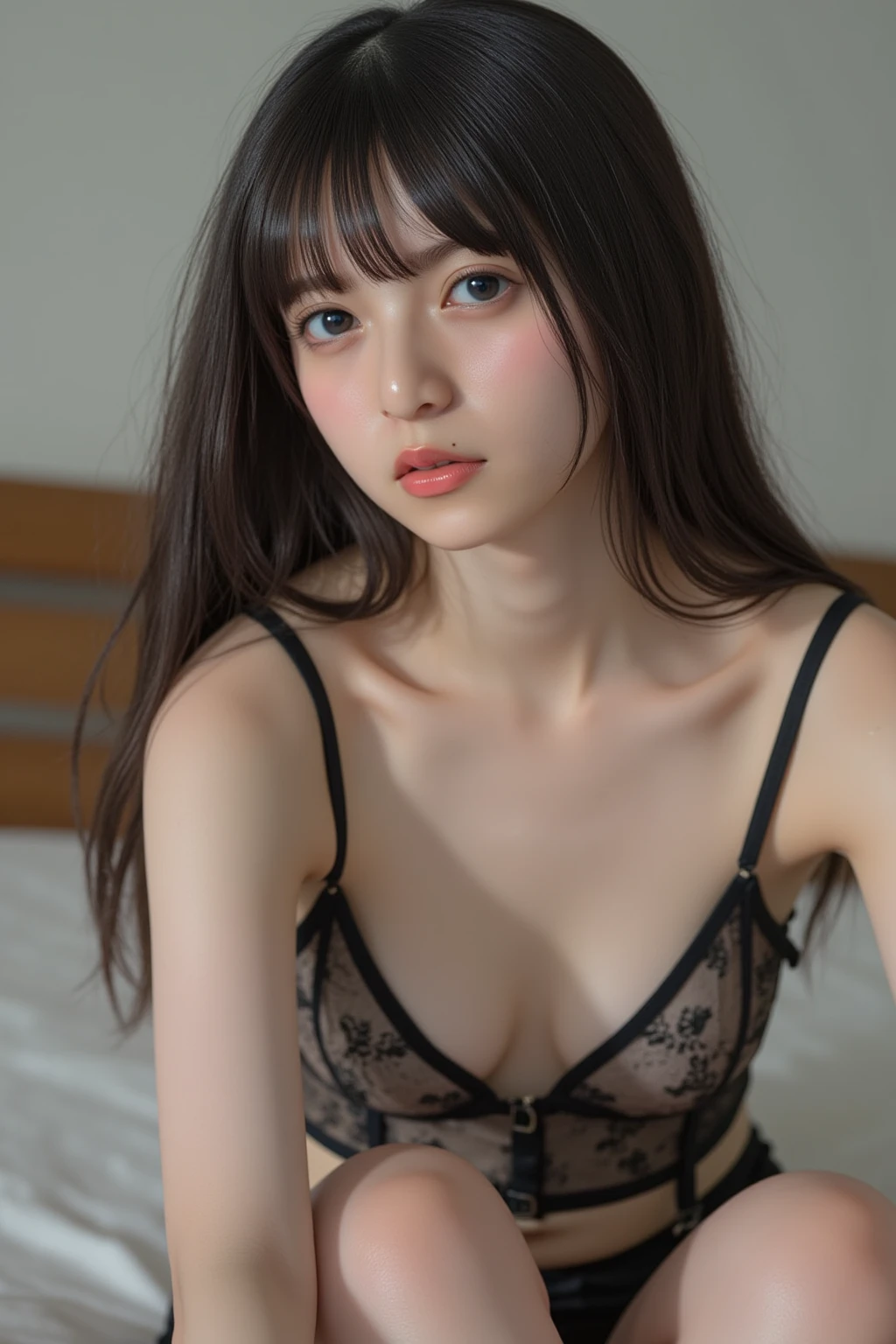 Dark brown hair, light brown eyes,  woman, face about 20 years old, (complex details: 1.2), (highest quality: 1.4), (ultra high definition: 1.2), ultra high resolution, (detailed eyes), (detailed facial features), HDR, 8k resolution, indoors, thin sheer underwear, moderately sized breasts, thin sheer bra, thin sheer bikini shorts, sitting, crotch opening, knees smooth, hair length to shoulders、