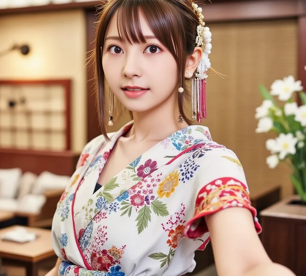 ((Best Masterpiece)), ((High Quality)), ((Real)), ((8k)) Super beautiful, cute, furisode, dyed, luxury inn, proprietress, kimono, red and white kimono, Japan people, 30 years old, 1 female, cleavage, shoulder out, oiran , braless, slender, full body, customer service, elegant woman, sony slr photography, 1 short hair, blonde, looking at camera, tatami room, room with hanging scroll, smile, background realistic, photo, Moles under the eyes, from the front