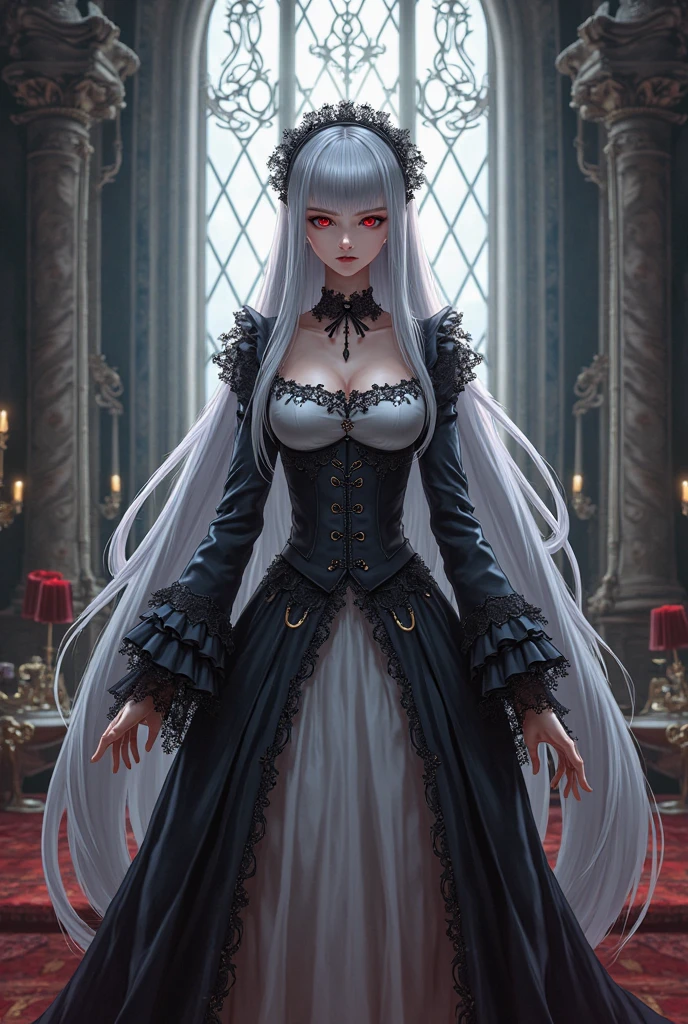 Create a mesmerizing masterpiece in 8k CG unity wallpaper format, showcasing a solitary enchanting vampire girl. Her vibrant red eyes gleam with an otherworldly allure, framed by flowing, wavy silver locks that cascade over her shoulders and reach down to her waist, accentuating her elegant pointed ears. Her attire is a captivating blend of dark sophistication and ethereal beauty – a form-fitting, velvet dress that hugs her curves, adorned with intricate silver thread embroidery. A delicate necklace hangs around her neck, encrusted with crystalline ice shards that sparkle in the dim