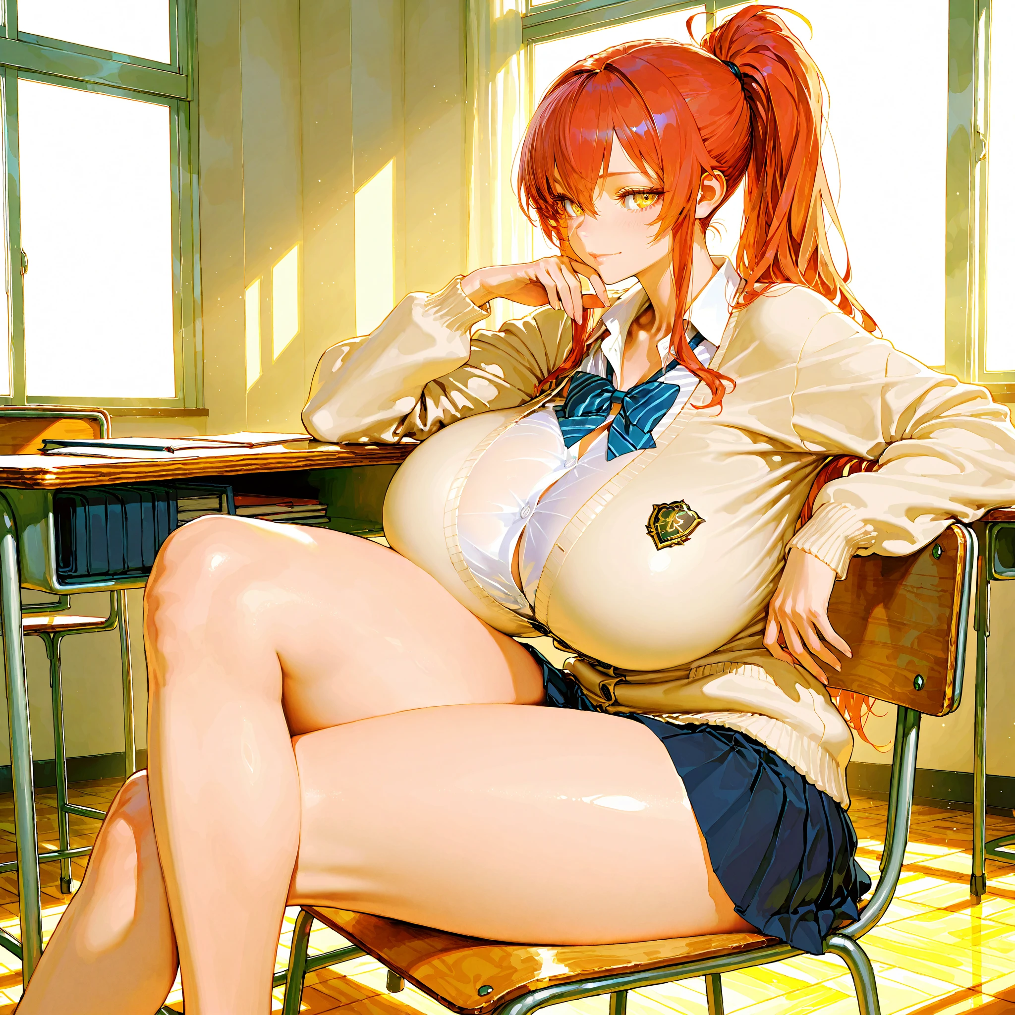 ((sexy, hot, cleavage)), smile, blush, vibrant colors, female, masterpiece, sharp focus, best quality, depth of field, cinematic lighting, looking at viewer, inoue orihime, orange hair, hair ornament, , classroom, school, full body (NSFW breasts), hdri, extremely naked, nude, nua, pelada, nsfw, gigantic breast 1.9, no half leg