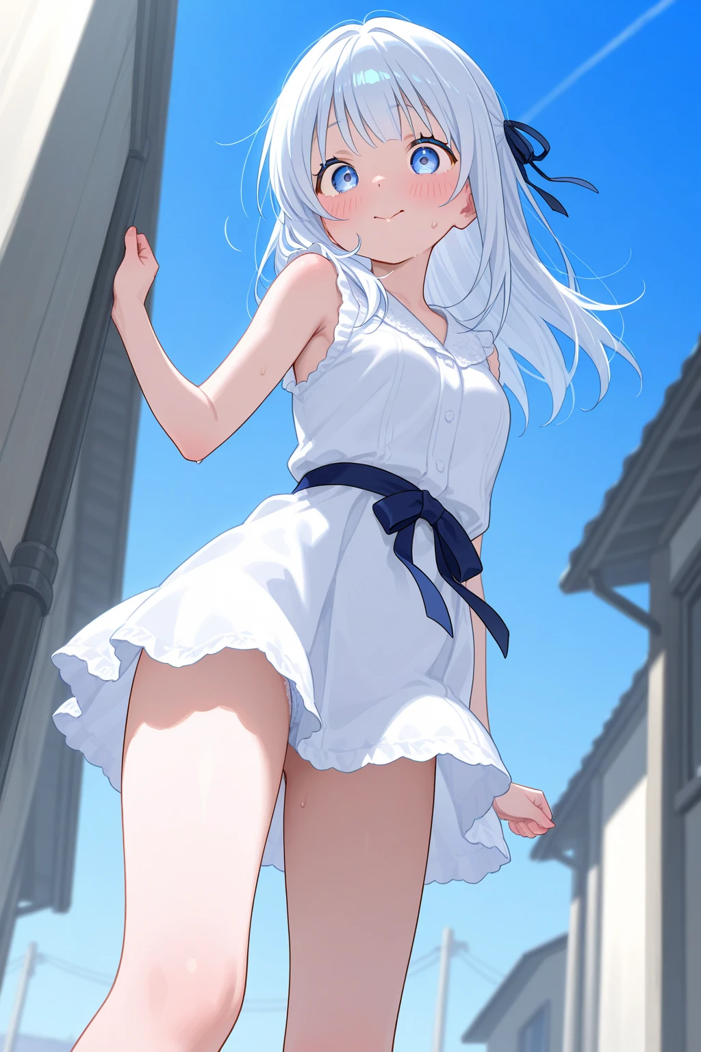 	
A skirt puffed up by the strong wind、、Skirt that is flipped、Trailing behind、
裏地がI can see it　、White lining、I can see it、Anime White Panties、Crotch is visible

