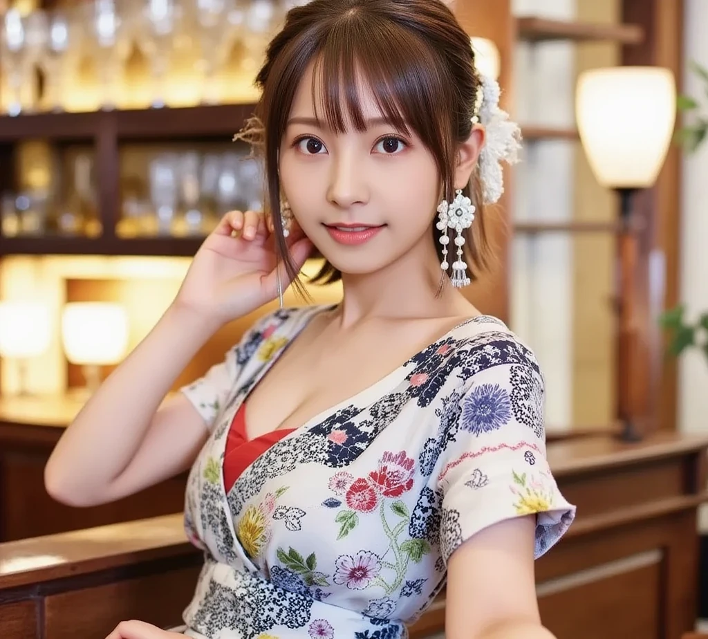 (8K, RAW Photos, Highest quality, masterpiece:1.2), Super detailed, Ultra-high resolution, (Realistic, Photorealistic:1.37), High-definition RAW color photos, Professional photos, Very delicate and beautiful, Very detailed, 8K壁紙, (Beautiful and detailed eyes)、(Beautifully detailed face),Anatomically correct body shape, Natural Light,(full body shot:1.22), woman、One person,Japanese、20-year-old, Blonde、Short Bob、 (A shy smile:1.3), Fine and beautiful skin、Skin Texture、 (Slim waist:1.2)、(E cup bust:1.21), (Emphasize the cleavage:1.21),(yukata:1.23), Sharp focus、(evening,The background is a realistic Japanese festival:1.15),(standing:1.1)