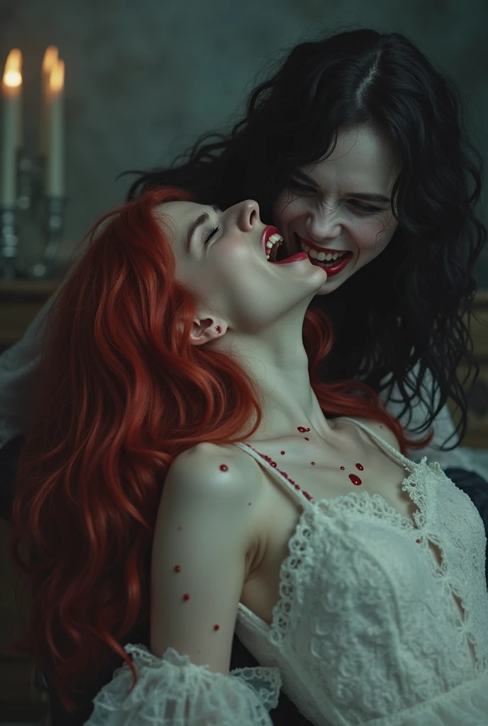 Photo of redhead DJ nun woman with blood dripping down her face, detailed skin texture, wavy hair, fangs, bokeh background, at night, 1girl, grin, horror theme, maniacal smile, predatory eyes, ultra realistic, Tim Burton style, she is in a rave inside a church, vampires in the background.