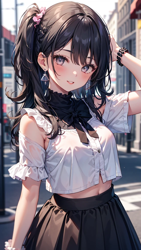 ((((highest quality)))), (((Ultra-precision CG 16K))), (((masterpiece))), (((Very detailed))), (((Extremely detailed))), (((Black outline:1.3, Written boundary depth:1.3 , Written soft outline))), Blur, Bokeh, Maximum clarity and sharpness,Multilayer Texture, Surface Shading, Cinematic lighting, Beautiful details sparkle ,Perfect Proportions, Limited to three woman, BREAK accurate, Anatomically correct, Highly detailed face and skin texture, drawn in detail, Highly detailed facial and skin texture, Detailed eyes, beautiful hair, Beautiful Japanese Idol face, Beautiful and beautiful eyes, Beautiful body, Beautiful breasts, Beautiful thighs, Beautiful legs, Beautiful fingers, (Beautiful views) , skinny body, ((Beautiful Skin)), ((Skin Texture)) BREAK breast enlarged, huge Breasts, rocket breasts, (((perky breasts))), (covered nipples) ,slender waist, (blush, determined expression, Heavy breathing,) BREAK (((no-bra, oversized colored t-shirt, sportswear, low rise, mini-skirt with slits, no-sleeve, breast is covered by outfit))) , wearing earrings, BREAK ( stick breast out),((( a woman sitting on steps of the school:1.3, stretching out, from front , from below, looking at viewer, close up face))),