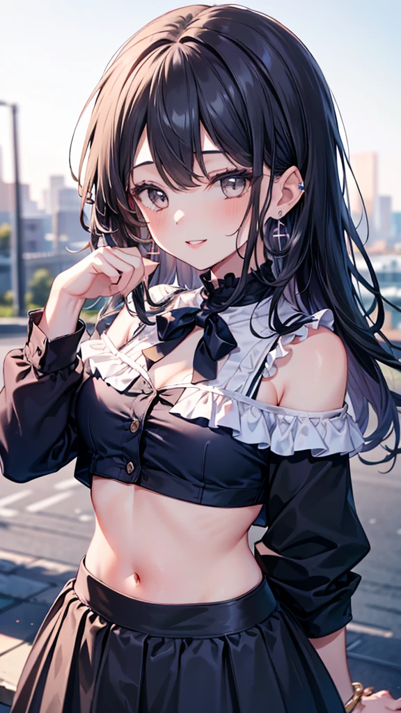 (masterpiece), (best quality), highly detailed, absurdres, very aesthetic, soft light, 1girl, (loli:1.2), small breasts, (black hair:1.2), twintails, full bangs, (pink eyes:1.1), (black lace bra:1.2), (pleated plaid skirt:1.1), hair ribbon, off shoulder, (pink jacket:1.2), choker, smile, outdoors, park,