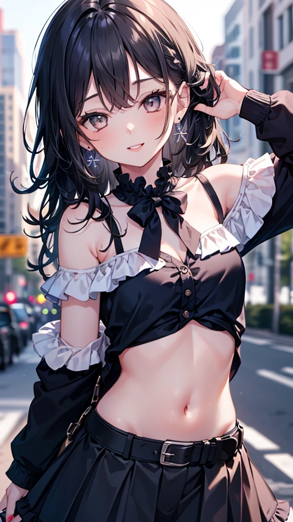 1 garota, Sozinho,
seios grandes,
frilled camisa collar, mangas compridas, preto panties,
calcinha com babados, dar de ombros \(roupas\), corte superior, barriga, preto_camisa, tiro de vaqueiro,