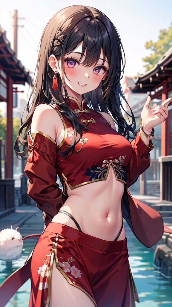 realistic image, coherent image, detailed image, 1 beautiful elf. She has brown hair, long hair with two pigtails. Scarlet eyes, long eyelashes. Her face is oval and delicate. smiling with open mouth. She is wearing a traditional red shirt, with a tangerine collar, showing her navel, jean shorts, sneakers, she has a curvy body, medium breasts and thick thighs. Urban background. starry night, flower petals falling. natural lighting in front, volumetric lighting