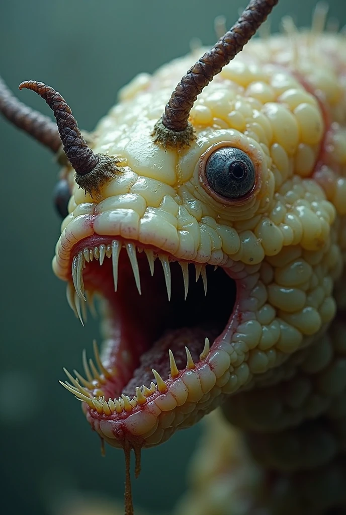 a disgusting and terrifying realistic white larva , with tiny black hairs, a mouth with tentacles, no eyes. Stone floor.