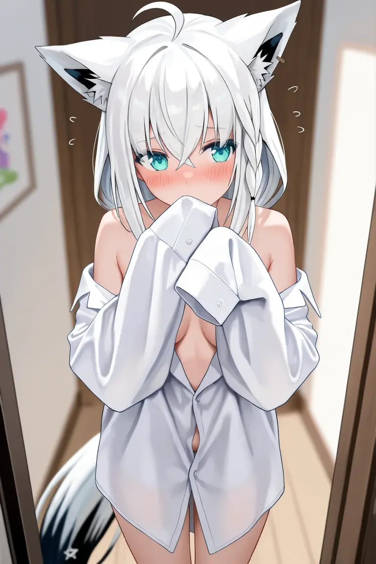 short hair,Short Hair,Straight Hair、Gray Hair、Twinkling eyes、Golden Eyes、Cat ear,Cat tail、White cat,Embarrassing,Lying in bed,White sheets,naked,Small breasts、shine、reflected light、Film Grain、masterpiece、Textured skin、Super Detail、High Detail、high quality、最high quality、High resolution、16K、shine