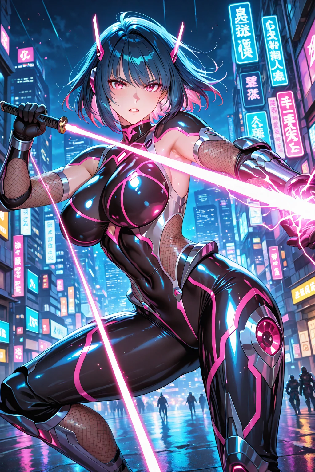 Woman in a futuristic suit, Very detailedな顔, nice, mother, Tomboy, Very large breasts, Battle Suit, Cyber Suit, Anime girl in tight suit, Milfication, Elegant body, Focus on the navel, gloves, Earrings, Leg armor, SF, Female protagonist, Are standing, Volumetric Light, Detailed lighting, Detailed Texture, BoobsCyberpunk, Biomechanical , masterpiece, Top quality eyes, sci-fi background, Futuristic landscape、Fighting、Ultra-realistic, Ultra-realistic, Very detailed, (Cyber Samurai, ((alone)), attacking with a sword, Wearing armor and mask, Cape, Shineing beautiful purple eyes, Shine:1.3) (Shineing simple black background:1.25),