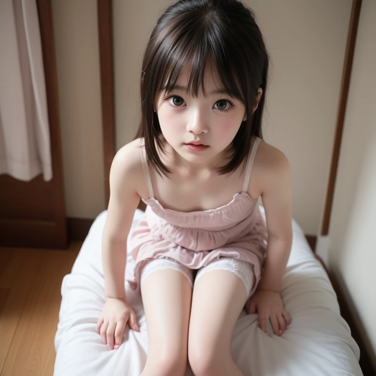 Twin tails, short hair, cute Japanese, big eyes, squatting