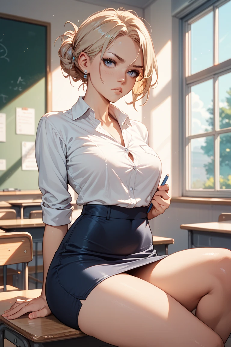 (masterpiece:1.3, top-quality, ultra high res, ultra detailed), (realistic, photorealistic:1.4), beautiful illustration, perfect lighting, natural lighting, colorful, depth of fields, surrealism,
beautiful detailed hair, beautiful detailed face, beautiful detailed eyes, beautiful clavicle, beautiful body, beautiful chest, beautiful thigh, beautiful legs, beautiful fingers, shiny skin,
looking at viewer, 1 girl, (teacher), (perfect anatomy, anatomically correct, super detailed skin), cute and symmetrical face, babyface, perfect face, perfect eyes, perfect fingers, five fingers,
(short hair, (lob hair), ash blonde hair), hair between eyes, dark blue eyes, long eyelashes, (large breasts, seductive thighs), slender, outstanding style, hanging breasts, cleavage, narrow waist,
midriff:1.1, glasses, ((ultra short skirt:1.5)), pencil skirt, choker, very small collared shirt, blue skirt, ((mini tight skirt: 1.5)), white high heels, garters, lace stockings, long and slender legs,
(beautiful scenery), summer, evening, (classroom:1.2), (standing, leaning forward, erotic, sexy pose), (sad, parted lips),