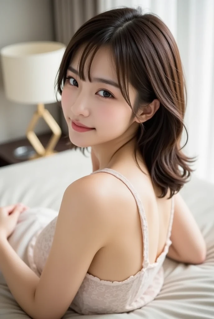 Masterpiece, High Quality, High Resolution, (Super Detail) ), (Wallpaper), ((Face) Detail),masterpiece, One woman per photo, Full Body Shot,Underarm、 Composition looking down at the subject from above, Young and beautiful woman in Japan, Smiling super cute face, short hair, She is wearing a sleeveless white silk satin chemise with white lace.,White panties、 Small breasts、skinny、Glossy Lips, Attractive person, She is lying on her back on a silk bed with her legs spread apart, Silk pillow, Silk bed sheets, Double eyelids on both eyes, Natural Makeup, Long eyelashes, Shiny and smooth light brown hair, Asymmetrical bangs, Fair skin, Center image, 8K resolution, High detail, Detailed hairstyle, Detailed face, Spectacular movie lighting, Vibrant, Ultra-realistic, Perfect limbs, Perfect ???????,Beautiful teeth alignment