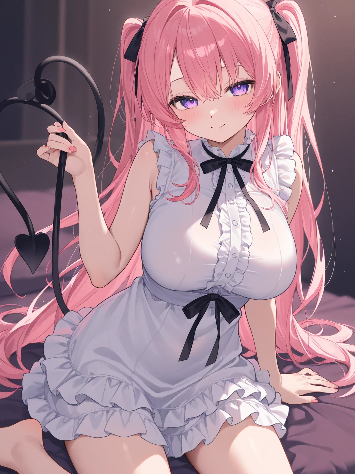 Highest quality、Shiny silk short sleeve puff sleeve pink maid outfit、See-through、Micro Mini Skirt、Very large bow、White ruffled apron、White garter belt with ribbon、Pink high heels with ribbon、Large headband with ribbon、Flushed Cheeks、Embarrassed look、panic、Big Breasts、Soaking wet、incontinence、No bra、Looking up from below、Take to the stage