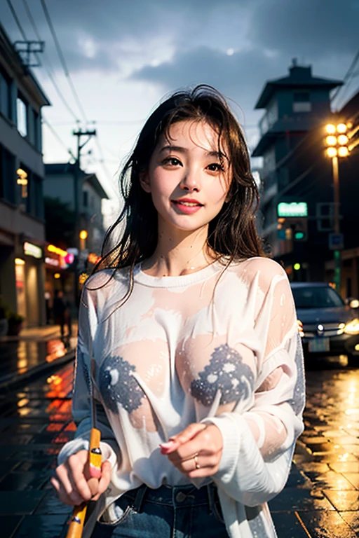 songkran,Walking on a wet big city sidewalk ,drenched, Dripping, Wet Face,Wet clothes, Wet Skin, Wet Hair,A young woman with a cute face like an idol,((Cleavage)),(((A blouse that melts and disappears when wet))),(((The rain water has dissolved my blouse and it's become tattered.))),((Full body portrait)),RAW Photos,Genuine,Genuine,High resolution,RAW Photos,masterpiece, beautiful
