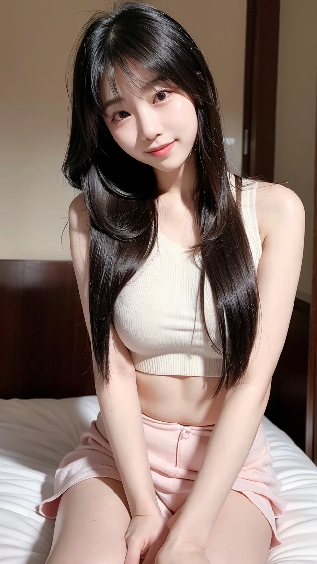 fashion model 20 years old [[[[close up]]]], [[[[neck]]]], [[[[Shoulder]]]], perfect eyes, perfect iris，perfect lips，perfect teeth，Perfect skin，White skin，Soft headlight，High Density Imaging Review，long black hair，（Face is clear and delicate），((white lace underwear))，((Sexy))，(((charming smile)))，((The background is the bedroom))，((Deluxe king bed))，best quality，masterpiece，（pastel colors：1.2）