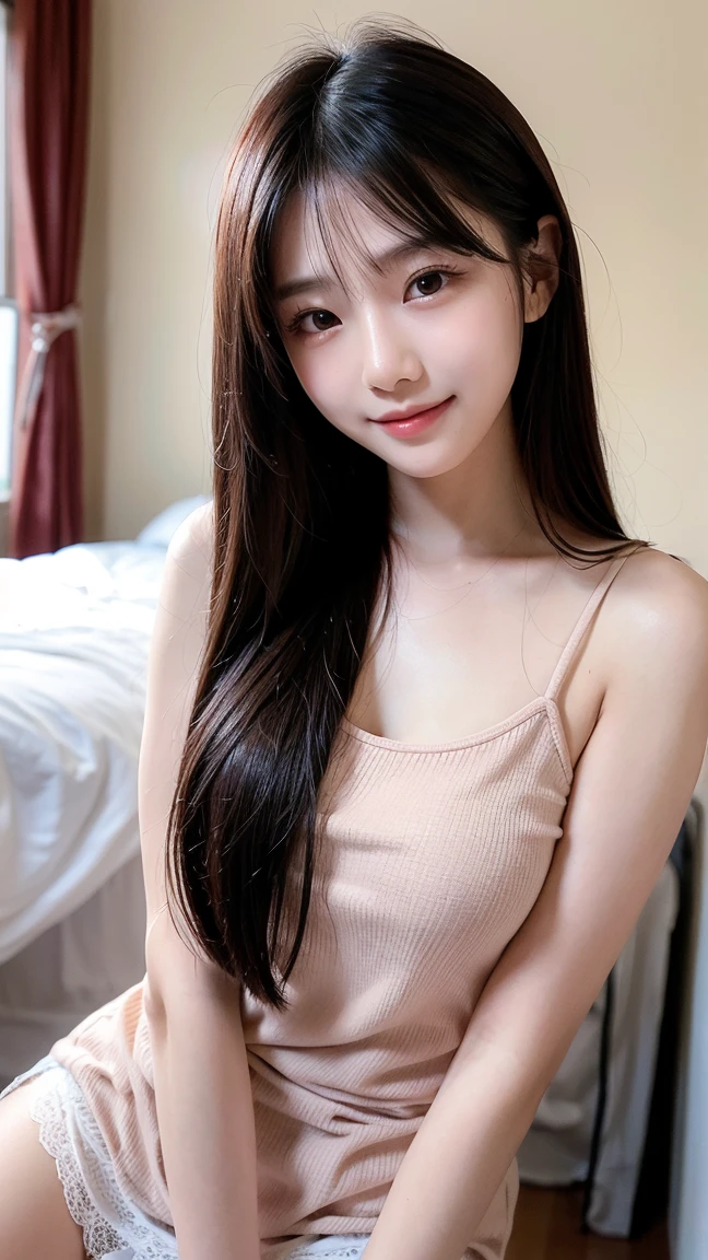 Melhor qualidade, , black hair, long hair, baby face, pequena, linda, sorrindo, banheiro, no banho, corpo todo, nova, peito pequeno, mostrando o peito, Messy hair, foto, mostrando o corpo, luz real, realista, bem detalhado, good lighting environment, abajour, vestido decotado