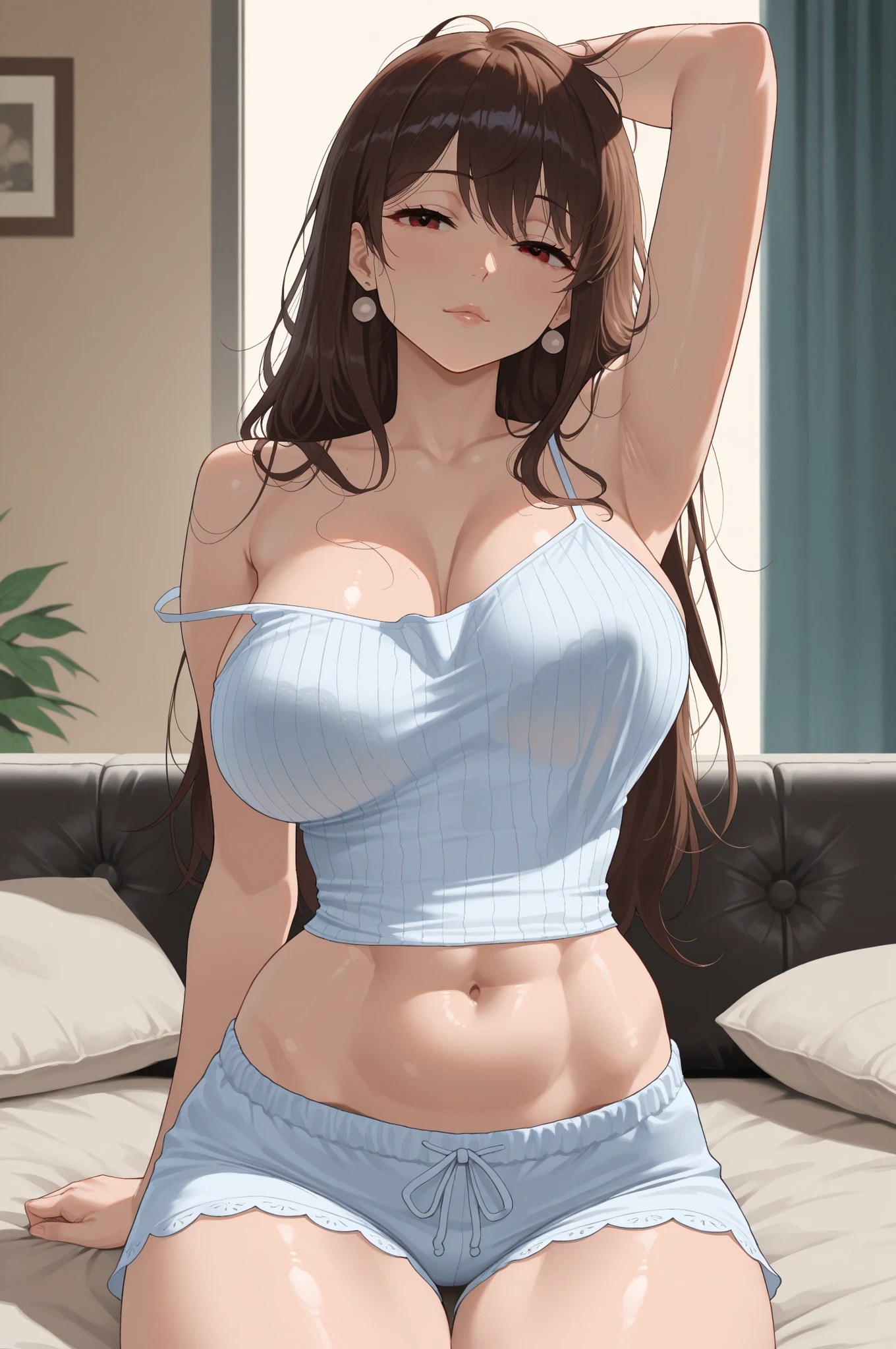 1 girl,alone,chest,pov doorway, Open door, doorway, false smile,Are standing, ((1. woman))、masterpiece, Very detailed, 8k, Best image quality, digital illustration, Sharp focus, Smooth texture、high quality、Super Resolution、Enchanting anime girl, Glossy and realistic skin texture、Shiny skin、carefully drawn hair, Carefully drawn eyes, (((Dark Room:1.4)))、((Embarrassed face:1.5))、((Please open your mouth wide:1.2))、((From above:1.4))、((Look up at the audience:1.3))、(((Kneel:1.3, Spread your legs,:1.2 beds:1.2,)))、((put your arms behind your head, Underarm))、((Cowboy Shot:1.2))、((Navy blue camisole:1.3. Crop top:1.3))、((chestの谷間:1.3))、((Crop top Belly Button))、((High Leg:1.3))、((少し小さいchest:1.3))、((Big Hips:1.3))、((Thick thighs))、((Camel Toe:1.3))、clavicle、Precision anatomy