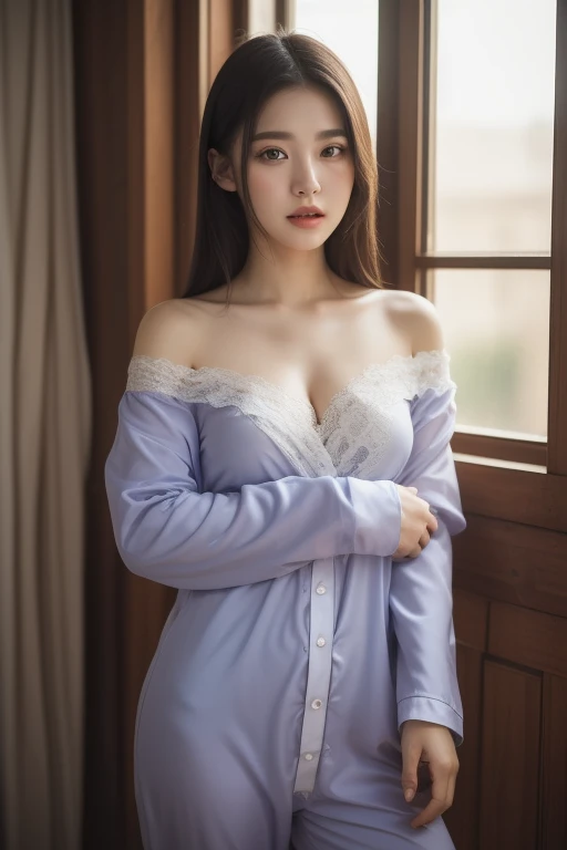 1girl,sleeping,lavender shirt,long wavy hair,big breasts,eyes open,looking at viewer,ultra realistic,highly detailed,photorealistic,4k,8k,masterpiece,vivid colors,natural lighting,soft lighting,warm color palette