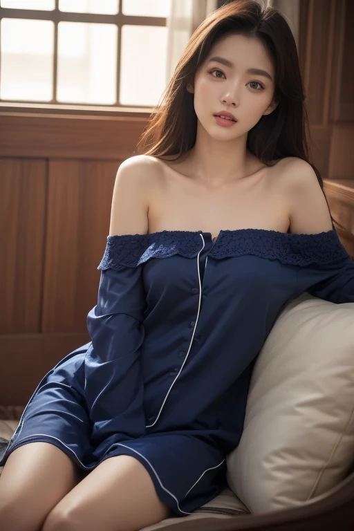 absurdres, RAW photo, extremely delicate and beautiful, masterpiece, Best Quality, ultra high resolution, 32k, hyperrealistic, ultra-detailed, perfect anatomy, super Detailed skin, perfect figure, Super Beauty, Perfect Style, Perfect balance, in her 20s, very small head, very small face, delicate facial features, tearful mole, earring, very huge round breasts, legs, medium hair, full body shot, bare one shoulder, collared shirt, bed,