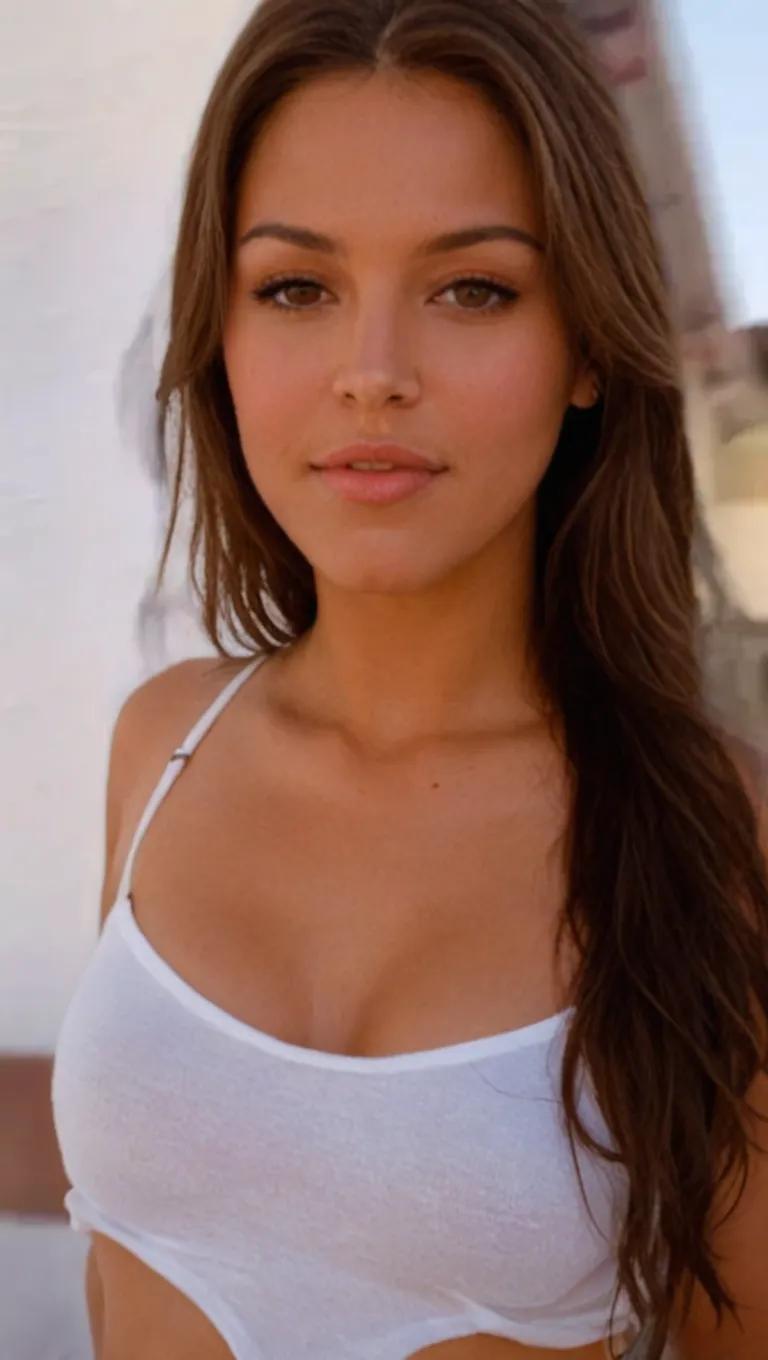 beautiful girl, black eyes, brown hair, fitness girl, facial detail, in a villa, front photo, photo with her phone