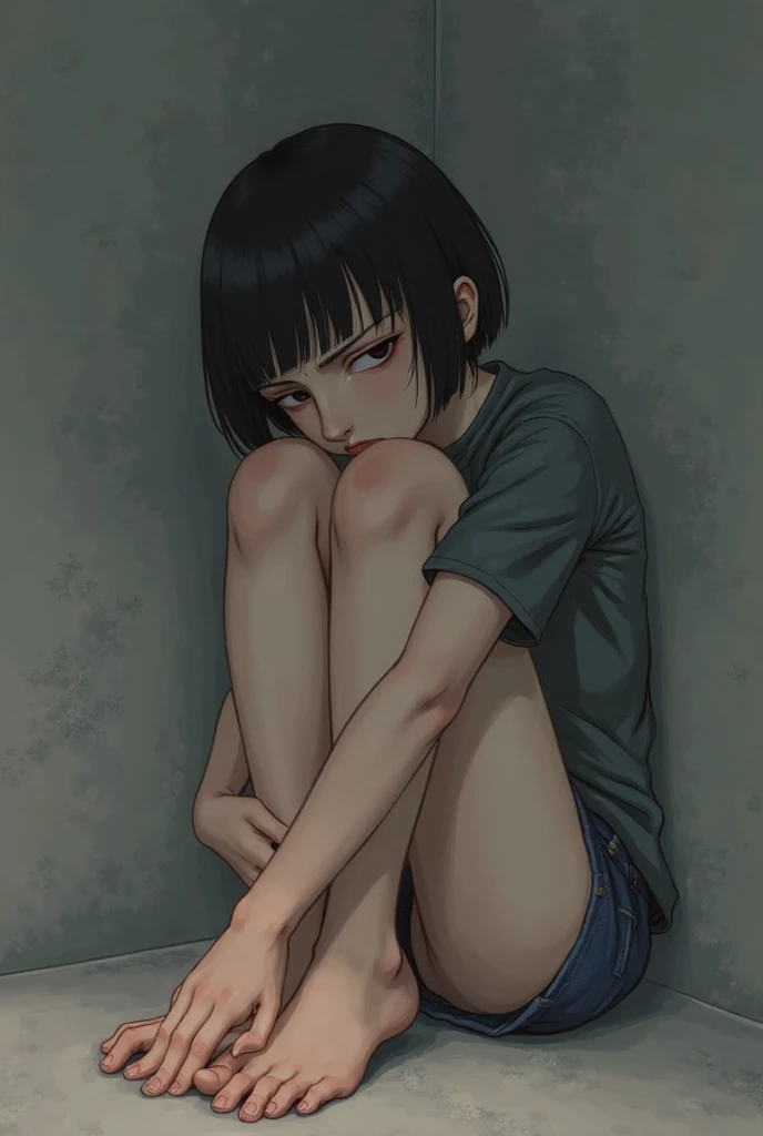 nsfw, masturbation, from front, squatting, open legs, touch pussy, female, completed nude, white, Art, ad, colour pencil drawing, draft drawing, illustration