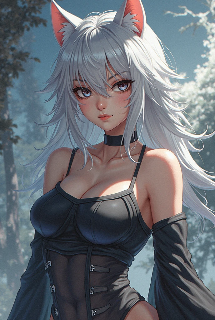 anime girl, white hair, green eyes, elv ears, white crop top is wet so you can see trough it and see the boobs and nipples, pentyhose in black