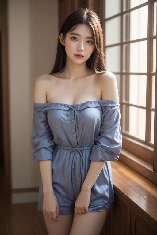 Highest quality, masterpiece, High resolution, 1 Girl,Tyndall effect,Realistic,,(High definition skin:1.2), 8K UHD, , Frank, High resolution, 4K, 8K,Off the shoulder,Full body photo.Real