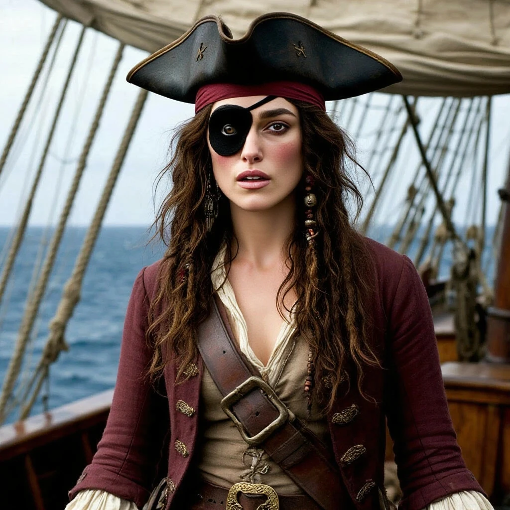 Dramatic lighting, Highest quality, film movie still, (Attractive Anne Bonney, Dressed in dirty tattered pirate costumes, Stand on the deck of a pirate ship docked at a Caribbean port), grimy, Dark atmosphere, Toned body, (ripped clothing:0.8), Perfect face, view the viewer, (Detailed skin), [Tattoos], [freckle], ((Dirty)), (muddy), (dark cloude:0.7), (Stormy weather:0.5), Dull, Natural lighting, (direct light:0.4), 8mm film grain, photographed on a Sony a9 II, 24mm lens, f/2.8 aperture, Deep focus, (primitive), 8K, (Stills from《pirates of the caribbean》)